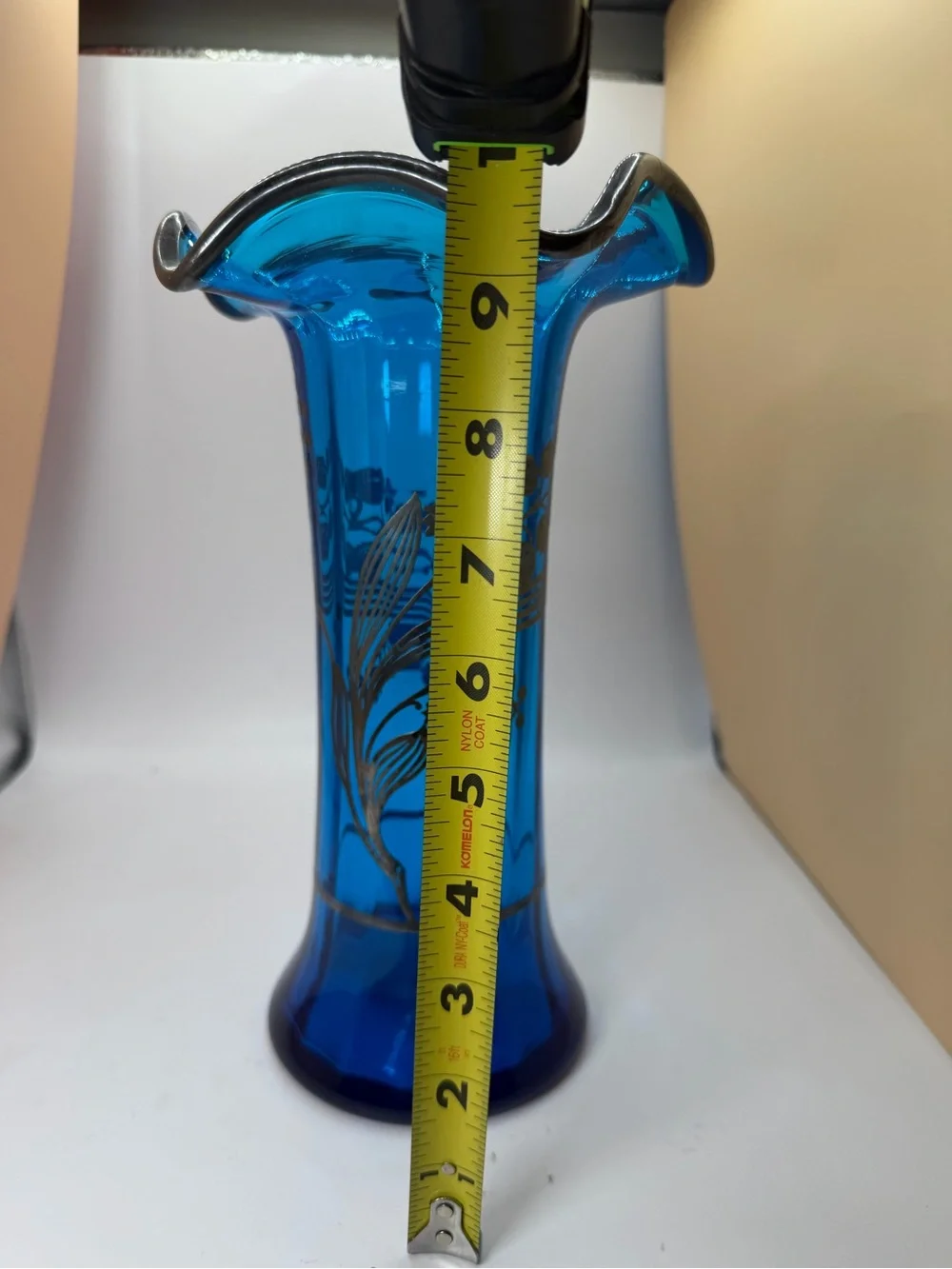 Blue Glass Ruffled Edge Decorative Vase with Sterling Silver Floral Overlay.